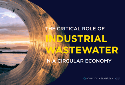 The critical role of industrial wastewater in a circular economy in bold text in front of a dark blue background and pictur eof a beach.
